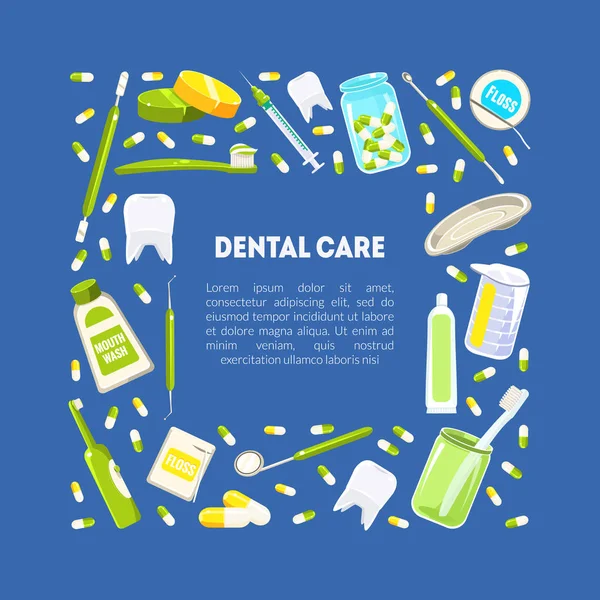 Plantilla de banner de servicio dental, herramientas de odontología y marco de higiene con lugar para la ilustración de vectores de texto — Archivo Imágenes Vectoriales
