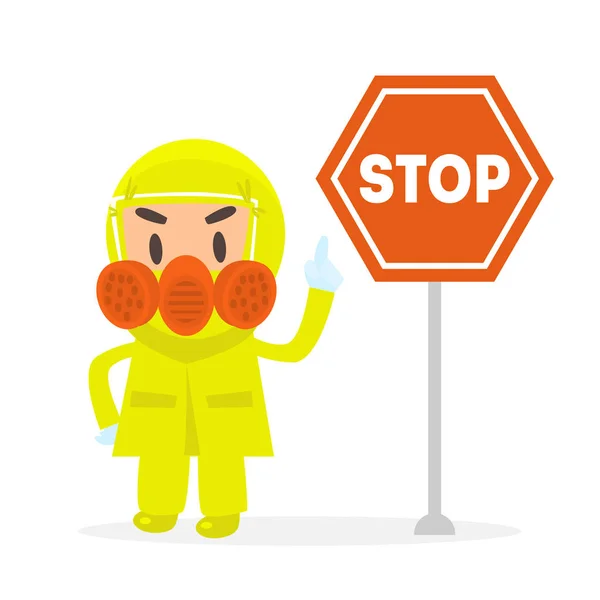赤いストップサインベクトルイラストで立つ黄色の保護衣装とガスマスクの男 — ストックベクタ