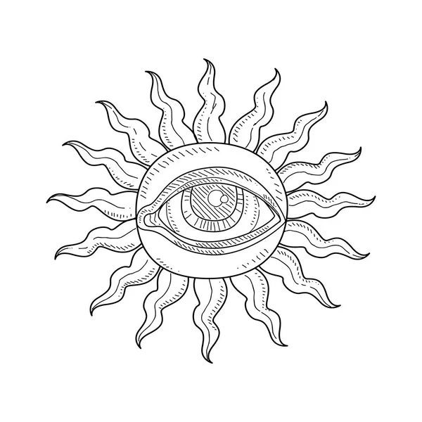 Sol antigo com olhos de providência, símbolo oculto esotérico ilustração vetorial desenhada à mão monocromática — Vetor de Stock