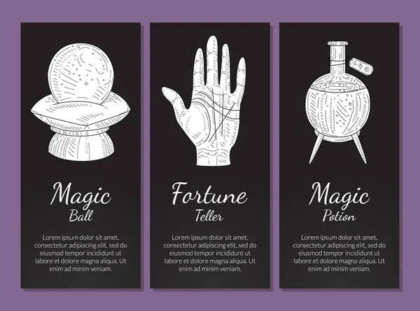 Conjunto de modelos de banners esotéricos, bola mágica, contador de fortunas, poção mágica, filosófico, oculto, símbolos místicos ilustração vetorial desenhada à mão monocromática — Vetor de Stock