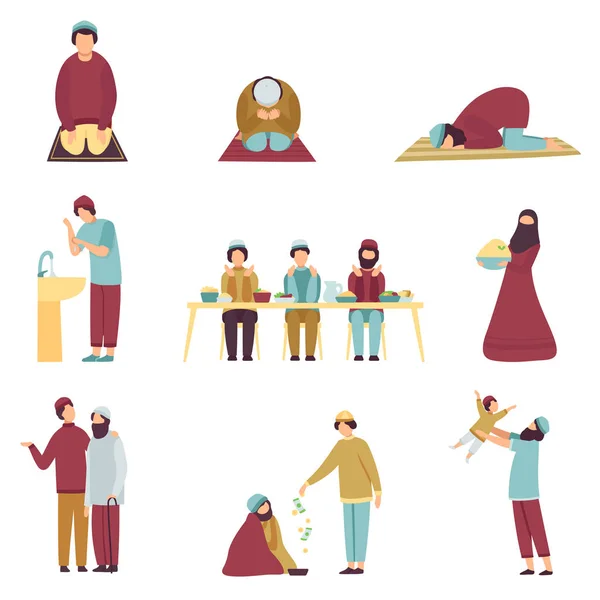 Muslim People in Traditional Clothing Celebrating Eid Al Adha Islamic Holiday Set, Men Praying, Eating, Greeting each other, Giving Money to Homeless Vector Illustration - Stok Vektor