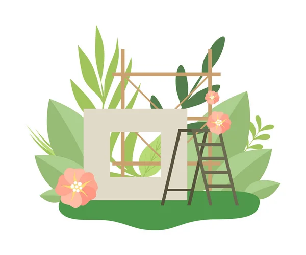Process för att bygga hus, konstruktion panel och stege på våren eller sommaren med blommande blommor och löv vektor illustration — Stock vektor