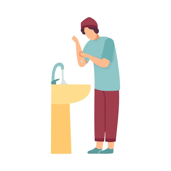 Muslim Man Washing Hands Preparing Wudhu For Prayer In Mosque Vector Illustration — Stock Vector