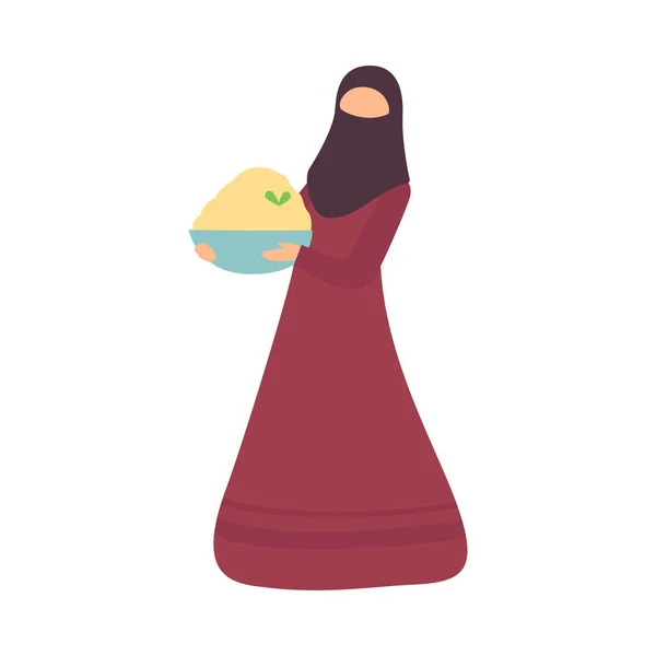 Femme musulmane tenant bol de nourriture traditionnelle à l'occasion de l'Aïd Al Adha Fête islamique Illustration vectorielle — Image vectorielle