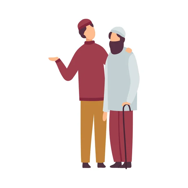 Muslim Men Greeting and Hugging Each Other as They Celebrating Eid Al Adha Islamic Holiday Vector Illustration