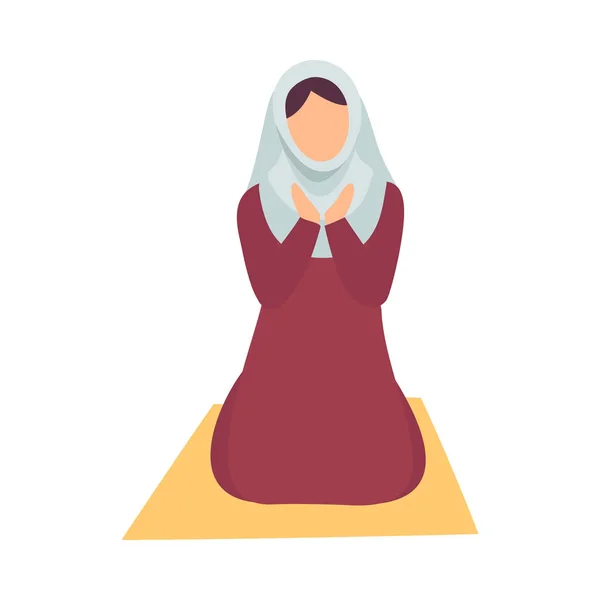 Femme musulmane dans le Hijab priant à genoux, Aïd Al Adha musulmane sainte illustration vectorielle de vacances islamiques — Image vectorielle