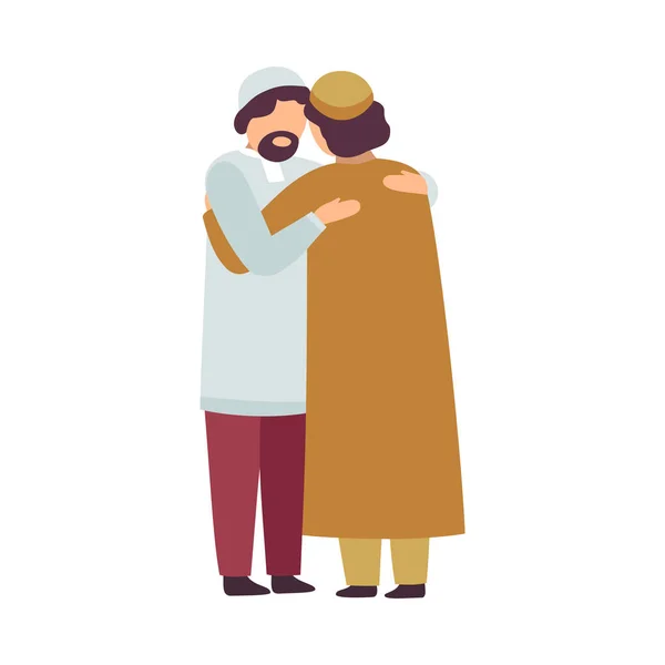 Muslimští muži se navzájem objímají, když oslavují Eid al Adha islámský sváteční obrázek — Stockový vektor