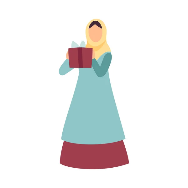 Mujer musulmana en ropa tradicional sosteniendo cajas de regalo con motivo de la celebración de la fiesta islámica de Eid Al Adha Vector Illustration — Vector de stock