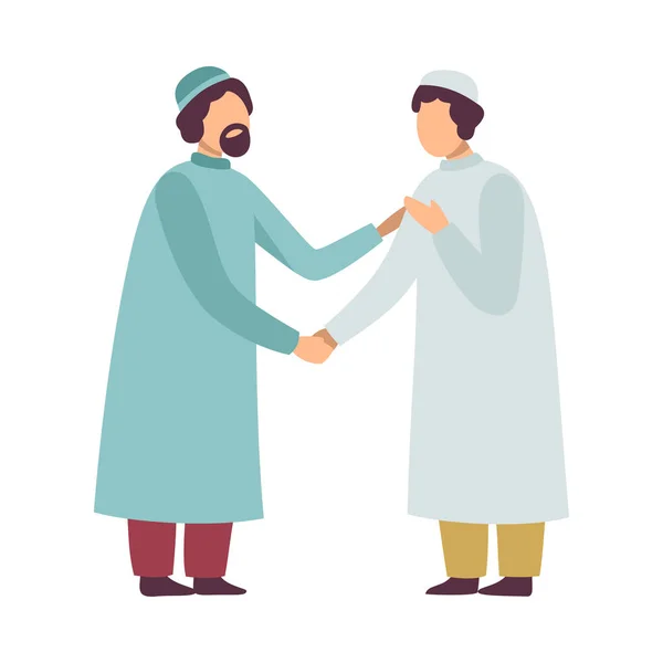 Uomini musulmani in abbigliamento tradizionale che si salutano e tremano le mani mentre celebrano l'Eid Al Adha Islamic Holiday Vector Illustration — Vettoriale Stock