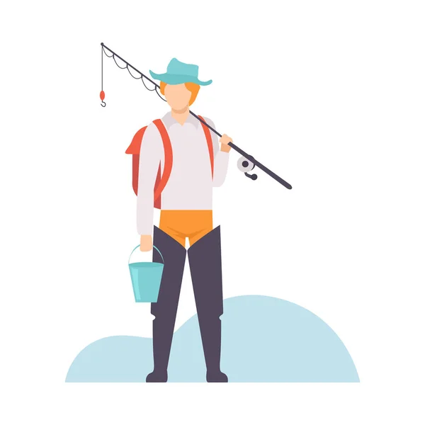 Pescador con mochila de pie con cubo y caña de pescar Vector Ilustración — Vector de stock