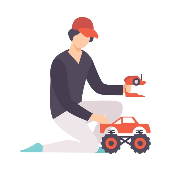 Young Man playing with Radio Controlled Car, Guy Holding Remote Control Olaying with Electric Car Vector Illustration — Stock Vector