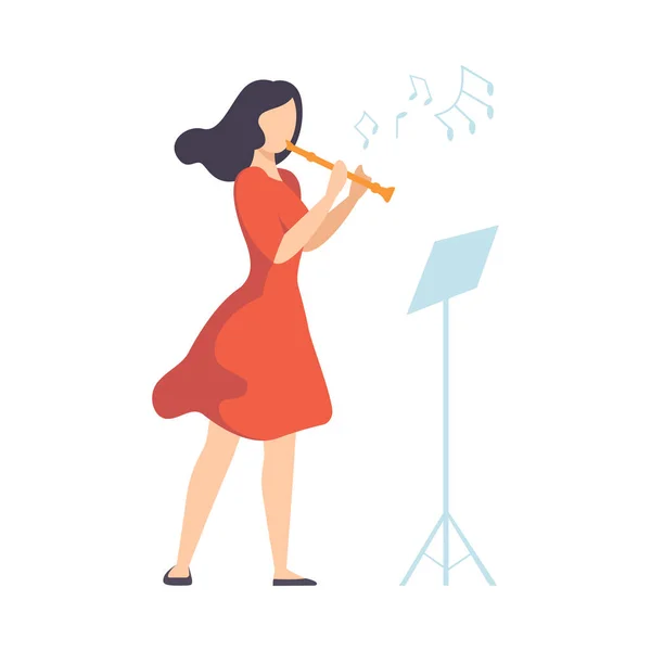 Woman in Red Dress Playing Flute Vector Illustration — Stock Vector