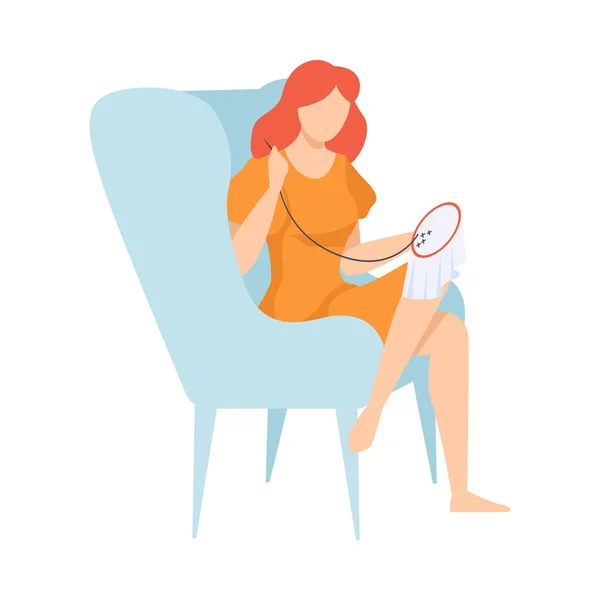 Young Woman Sitting in Armchair and Embroidering on Canvas, Hobby, Needlework Vector Illustration — Stock Vector