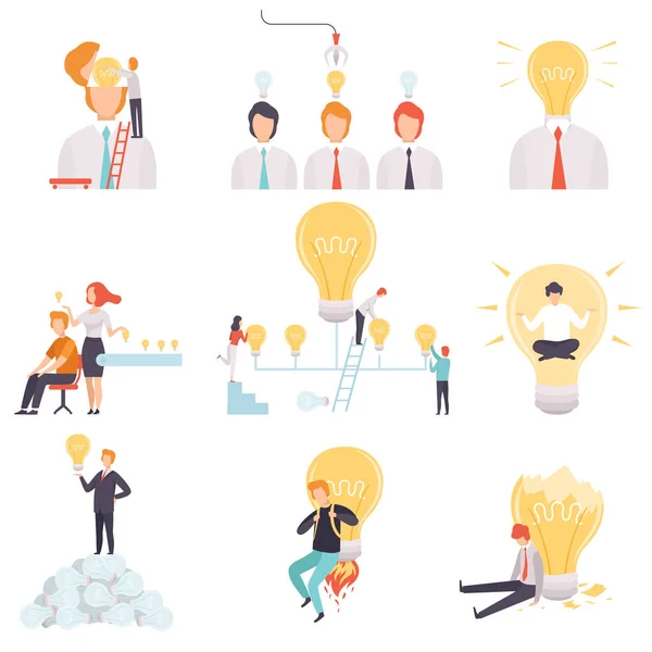 Pengusaha dengan Light Bulbs Set, Business People Having, Searching and Sharing Good Ideas, Brainstorming, Innovation, Creative Thinking Concept Vector Illustration - Stok Vektor