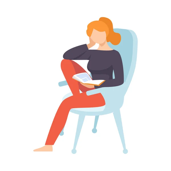 Jonge vrouw zittend in fauteuil en lezing boek vector illustratie — Stockvector