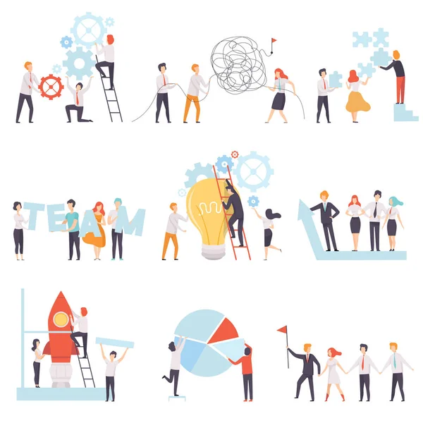 Office Colleagues Working Together Set, Business Team, Teamwork, Cooperation, Partnership Vector Illustration — Stock Vector