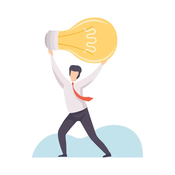 Businessman Holding Big Glowing Light Bulb Above His Head, Man Having Good Idea, Brainstorming, Innovation, Creativity Concept Vector Illustration - Stok Vektor