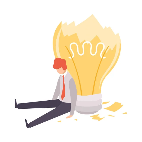 Overworked, Man Sitting with Broken Light Bulb, Brainstorming, Innovazione, Creativity Concept Vector Illustration — Vettoriale Stock