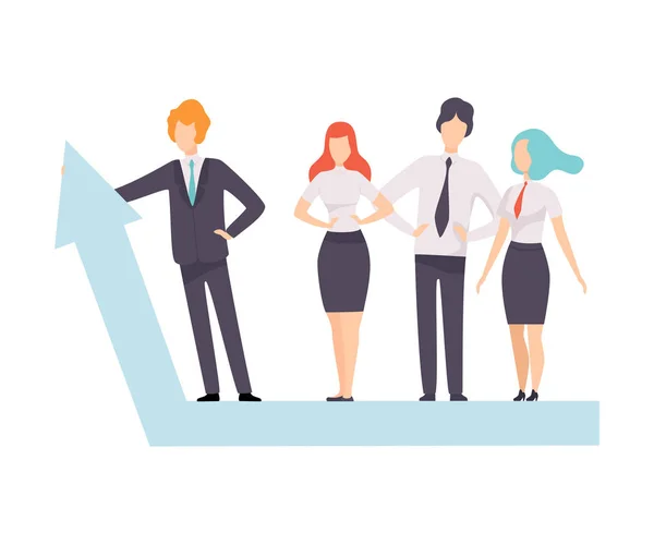 Gente de negocios de pie en el gráfico de flecha de crecimiento, ilustración vectorial exitosa del equipo de negocios — Vector de stock