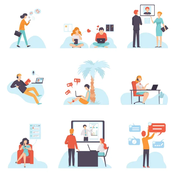 People Communicating Via Internet with Mobile Devices Set, Young Men and Women Chatting, Dating, Writing Emails, Searching for Information, Social Networking Vector Illustration (dalam bahasa Inggris). - Stok Vektor