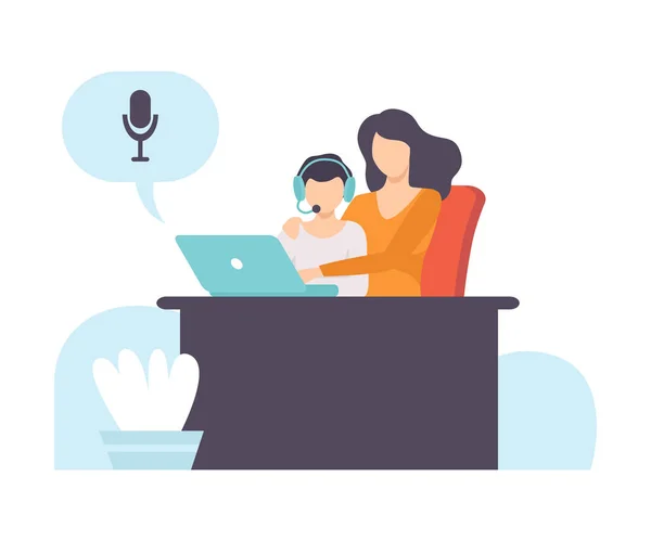 Boy and His Mother Talking Online Using Web Camera and Headphones, Distant Education Courses, Social Networking, People Communicating Via Internet Vector Illustration