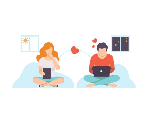 Online dating, ζευγάρι στην αγάπη επικοινωνία μέσω Internet, εικονικές σχέσεις, εικόνα φορέα κοινωνικής δικτύωσης — Διανυσματικό Αρχείο