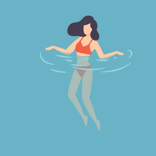 Брюнетка дівчина в червоному купальнику купання у воді, жінка, відпочиваючи в море, океан або басейн, літні розваги на відкритому повітрі Векторні ілюстрації — стоковий вектор