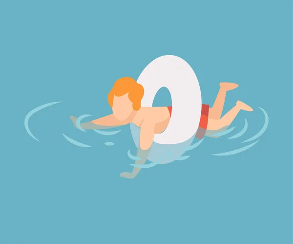 Schattige jongen zwemmen met opblaasbare Lifebuoy, Kid uitvoeren van zomer Outdoor Water activiteiten op zomer vector illustratie — Stockvector