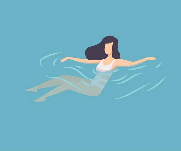 Брюнетка дівчина в білому купальнику купання у воді, жінка розслабляє в море, океан або басейн на літній відпочинок Векторна ілюстрація — стоковий вектор