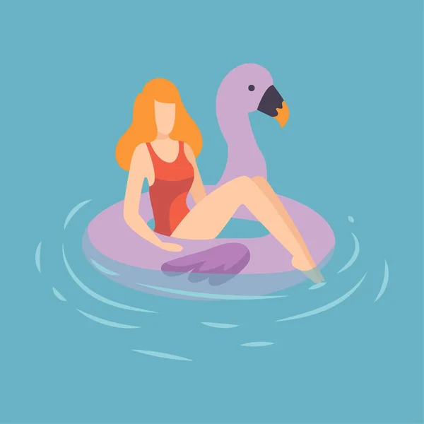 Mujer hermosa joven en traje de baño rojo flotando en el anillo inflable en forma de flamenco en la piscina o la ilustración del vector del mar — Vector de stock
