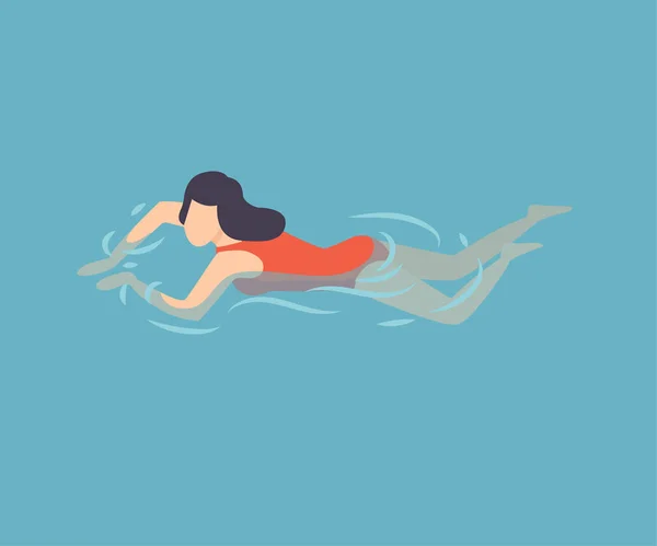 Chica morena en traje de baño rojo Natación en el agua, Mujer Relajándose en el mar, el océano o la piscina, Verano Actividades al aire libre Vector Ilustración — Vector de stock