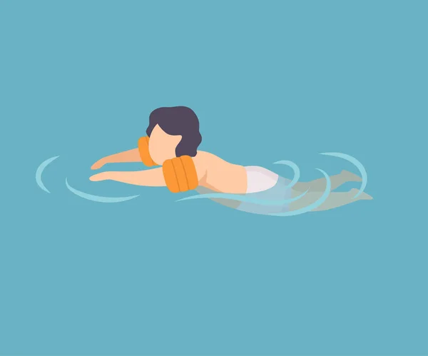 Niño lindo nadando en agua usando brazaletes inflables, niño realizando actividades al aire libre del agua del verano en la ilustración del vector del verano — Vector de stock