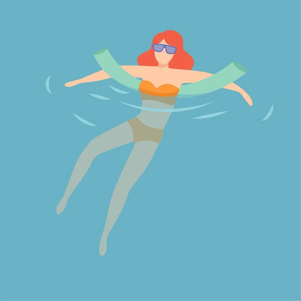 Γυναίκα σε γυαλιά ηλίου που επιπλέουν στο νερό, γυναίκα χαλάρωση στη θάλασσα, θάλασσα ή πισίνα στο καλοκαίρι διακοπών εικόνα διάνυσμα — Διανυσματικό Αρχείο
