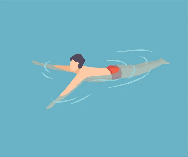 Jonge man zwemmen in water, Guy ontspannen in de zee, de oceaan of het zwembad op vakantie, zomer outdoor activiteiten vector illustratie — Stockvector