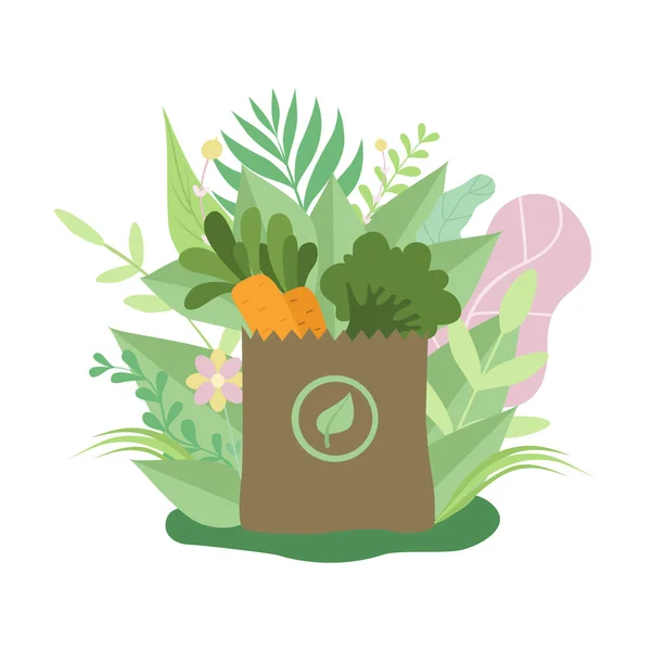 Saco de papel com alimentos saudáveis, embalagem ecológica cercada por grama verde e flores Vector Ilustração —  Vetores de Stock