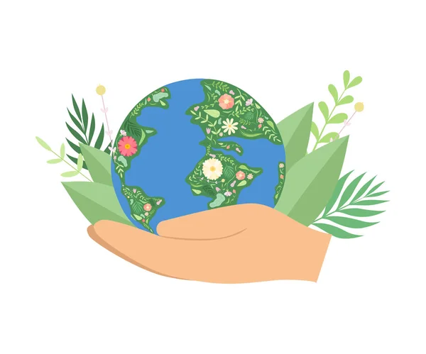 Mänskliga händer som håller blommande jordklot, rädda planeten, miljöskydd, ekologi koncept vektor illustration — Stock vektor