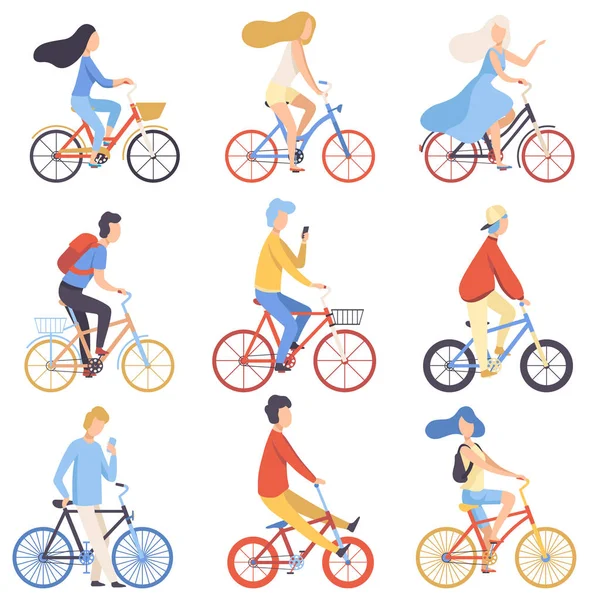 Gente montando bicicletas Set, ciclismo Hombres y mujeres haciendo ejercicio, relajándose o yendo al trabajo Vector Ilustración — Vector de stock