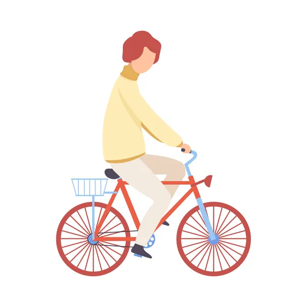 Fiatal férfi alkalmi ruhák lovaglás kerékpár, kerékpározás Guy gyakorlása, relaxáló vagy haladó munka Vector illusztráció — Stock Vector
