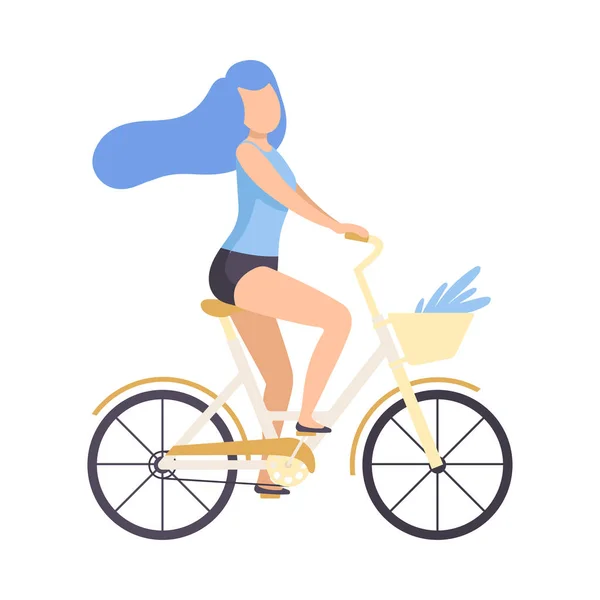 Girl in Short Shorts Riding Bicycle, Cycling Woman Exercising or Relaxing Vector Illustration - Stok Vektor