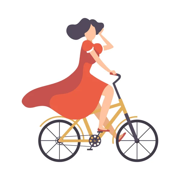 Young Woman in Red Dress Riding Bicycle, Cycling Girl Relaxing or Going to Work Vector Illustration — Stock Vector