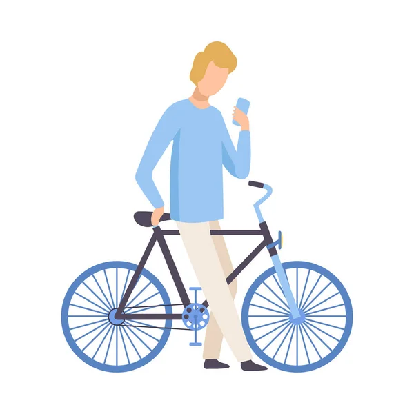 Young Man in Casual Clothes Standing with Phone and Bicycle, Cycling Guy Exercising, Relaxing or Going to Work Vector Illustration — Stock Vector