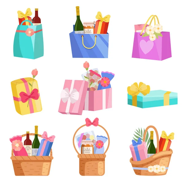 Holiday Presents Set, Paper Shopping Bags, Baskets and Boxes Full of Gifts, Design Elements for Birthday, Xmas, Wedding, Anniversary Celebration Vector Illustration — Stock Vector