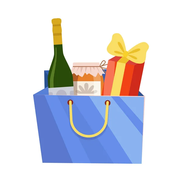 Blue Paper Shopping Bag with Alcohol Bottle, Jam Jar and Gift, Present Package for Birthday, Xmas, Anniversary Celebration Vector Illustration — Stock Vector