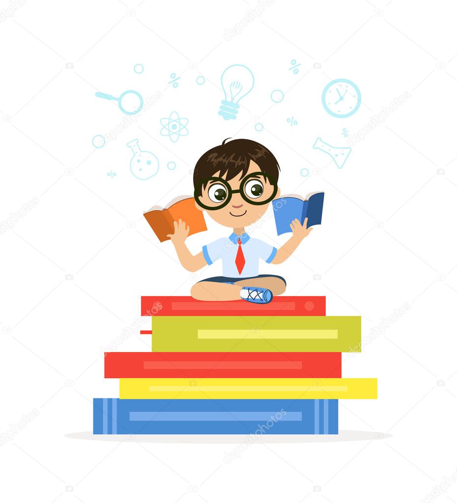 Cute Little Boy Sitting and Reading on Giant Stack of Books Vector Illustration, Web Design.