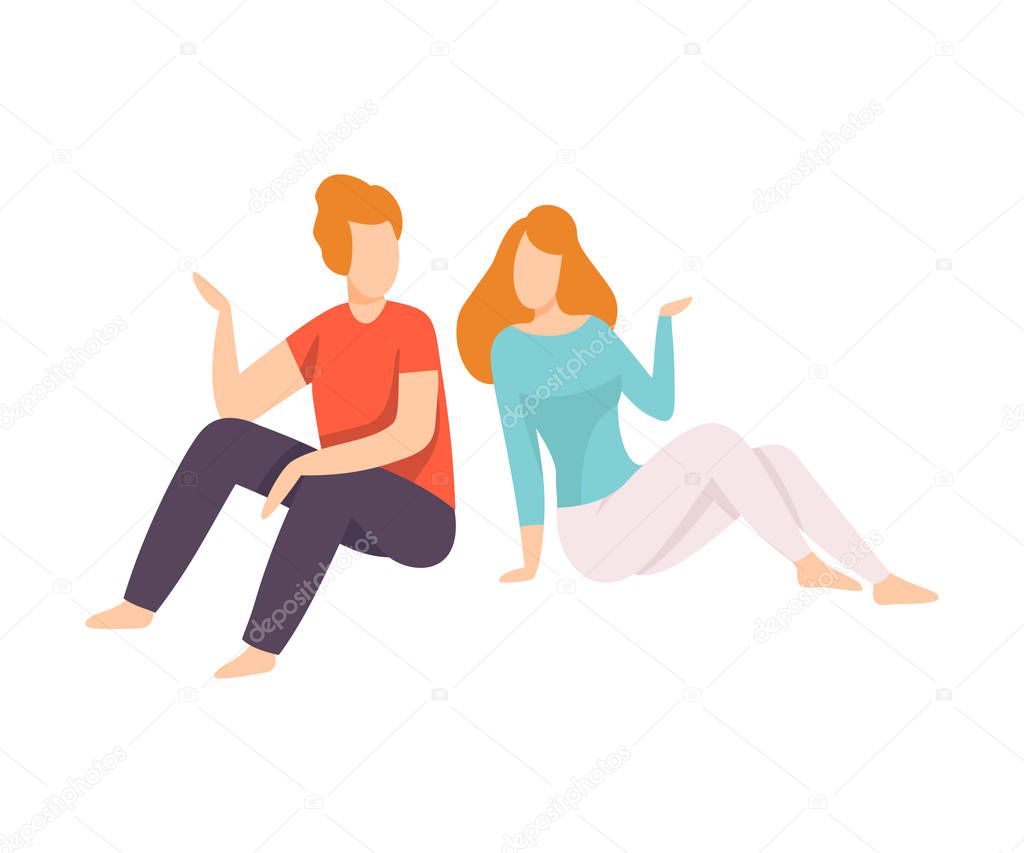 Young Men and Woman Dressed in Casual Clothing Sitting and Talking, People Speaking to Each Other Vector Illustration