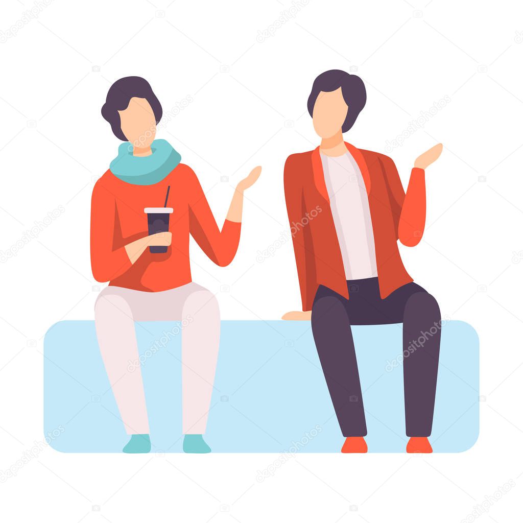 Two Young Men Dressed in Stylish Clothing Sitting on Sofa and Talking, People Speaking to Each Other Vector Illustration