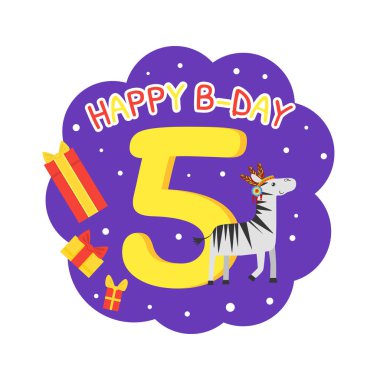 Doğum Günü Yıldönümü Numarası ve Sevimli Etnik Desenli Zebra Hayvan, Beş Yıllık Vektör İllüstrasyon için Kart Şablonu