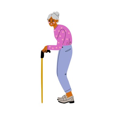Baston Vektör İllüstrasyon ile Yürüyen Eski Gri Kıdemli Kadın