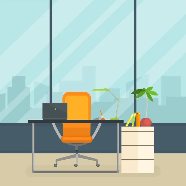 Milieu de travail d'affaires, intérieur moderne de la salle de bureau vide avec l'illustration vectorielle de table et de fenêtre — Image vectorielle