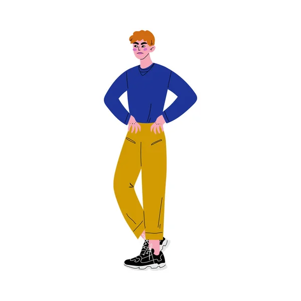 Jeune rousse bel homme en vêtements décontractés debout avec les mains sur sa taille Illustration vectorielle — Image vectorielle